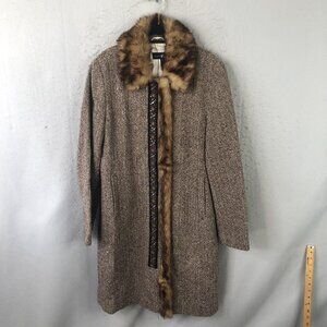 Black Rivet Coat Womens 12 Brown Tweed Faux Fur Collar Sequin Mobwife Retro